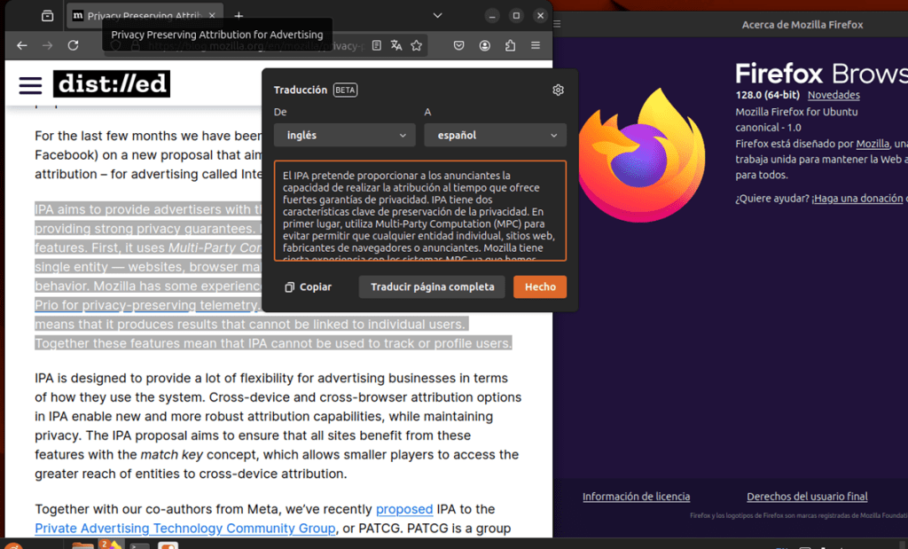 Firefox 128 introduce mejoras en la traducción, la API IPA y&nbsp;mas